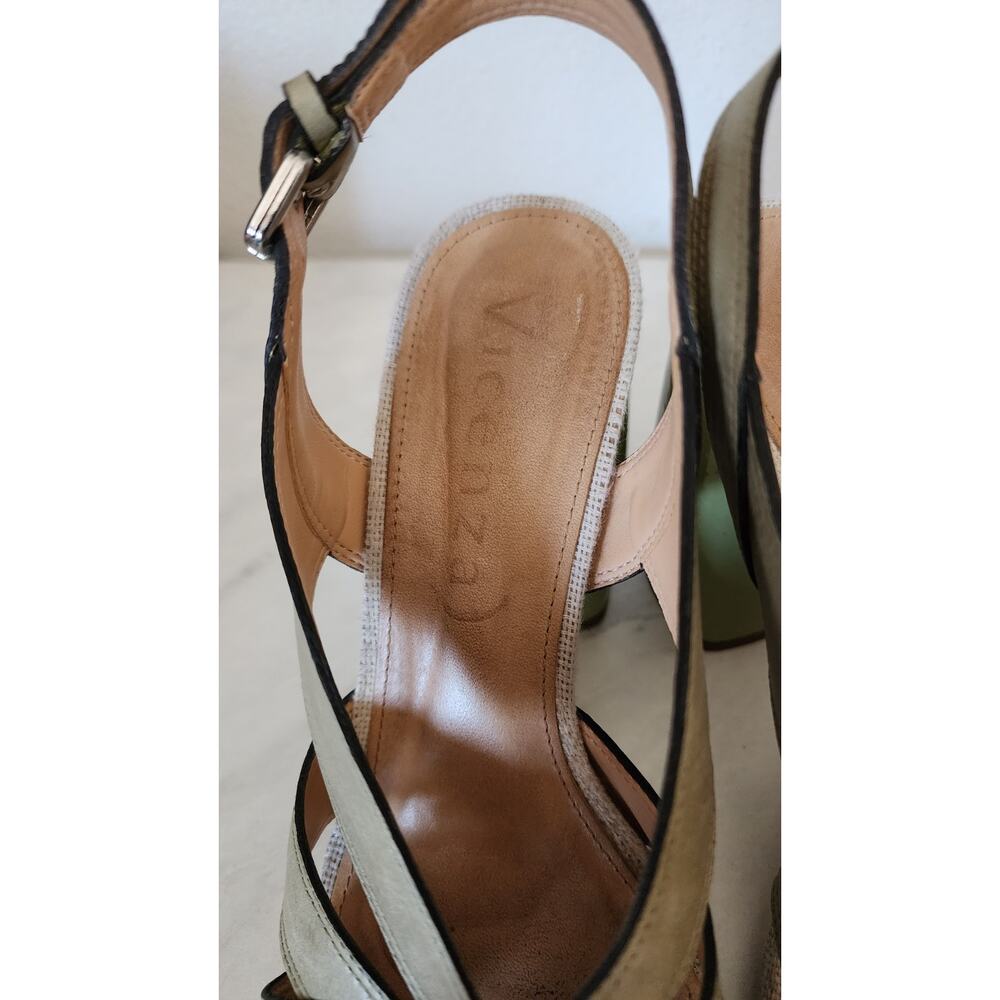 Anthropologie Vicenza Leather Women Jade Green Stacked 4" Heel Sandal Size 8 US - Picture 10 of 12
